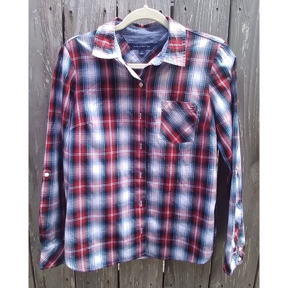Tommy Hilfiger Tops - Tommy Hilfiger women's size S full button long sleeve plaid red blue navy lurex